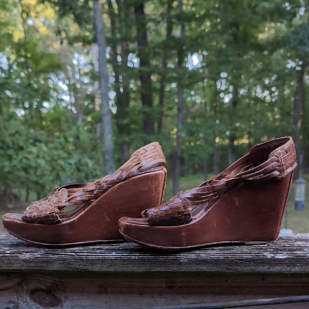 Frye Brown Woven Wedge Sandals